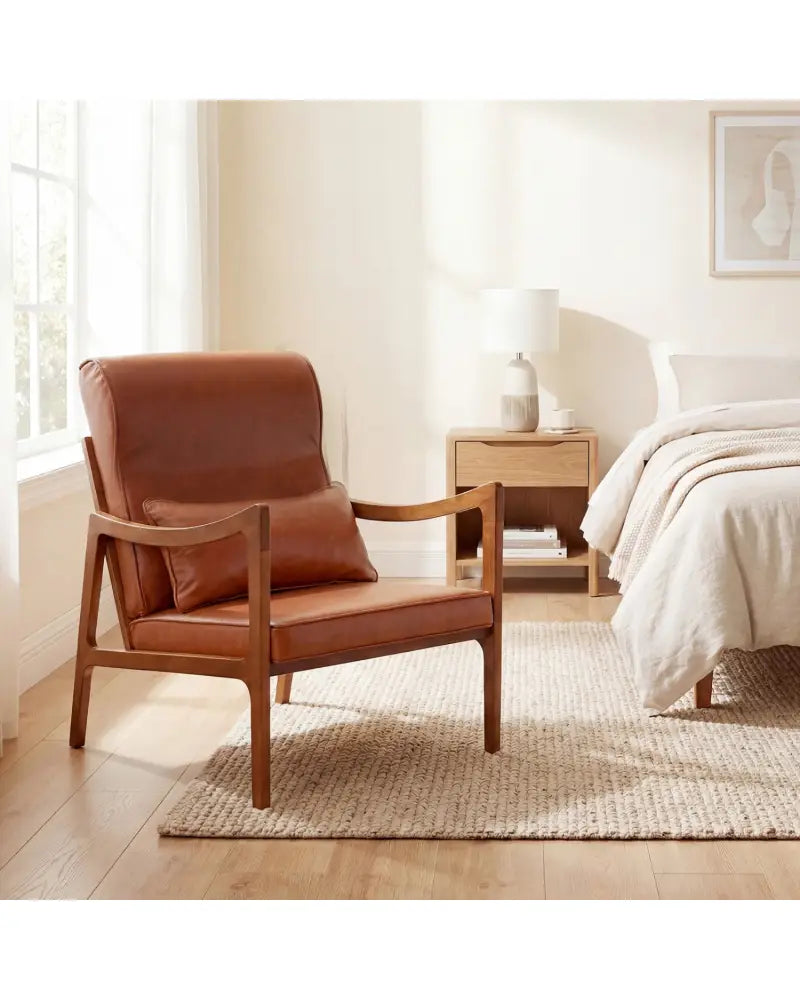 Modern Accent Chair with Solid Rubber Wood Faux Leather Upholstered Armchair-Brown - Brown - Accent Chairs