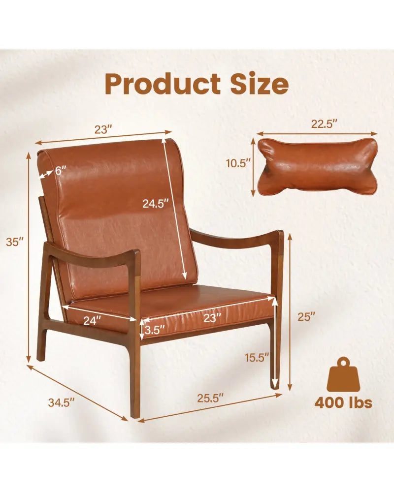 Modern Accent Chair with Solid Rubber Wood Faux Leather Upholstered Armchair-Brown - Brown - Accent Chairs