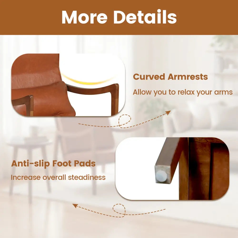 Modern Accent Chair with Solid Rubber Wood Faux Leather Upholstered Armchair-Brown - Brown - Accent Chairs