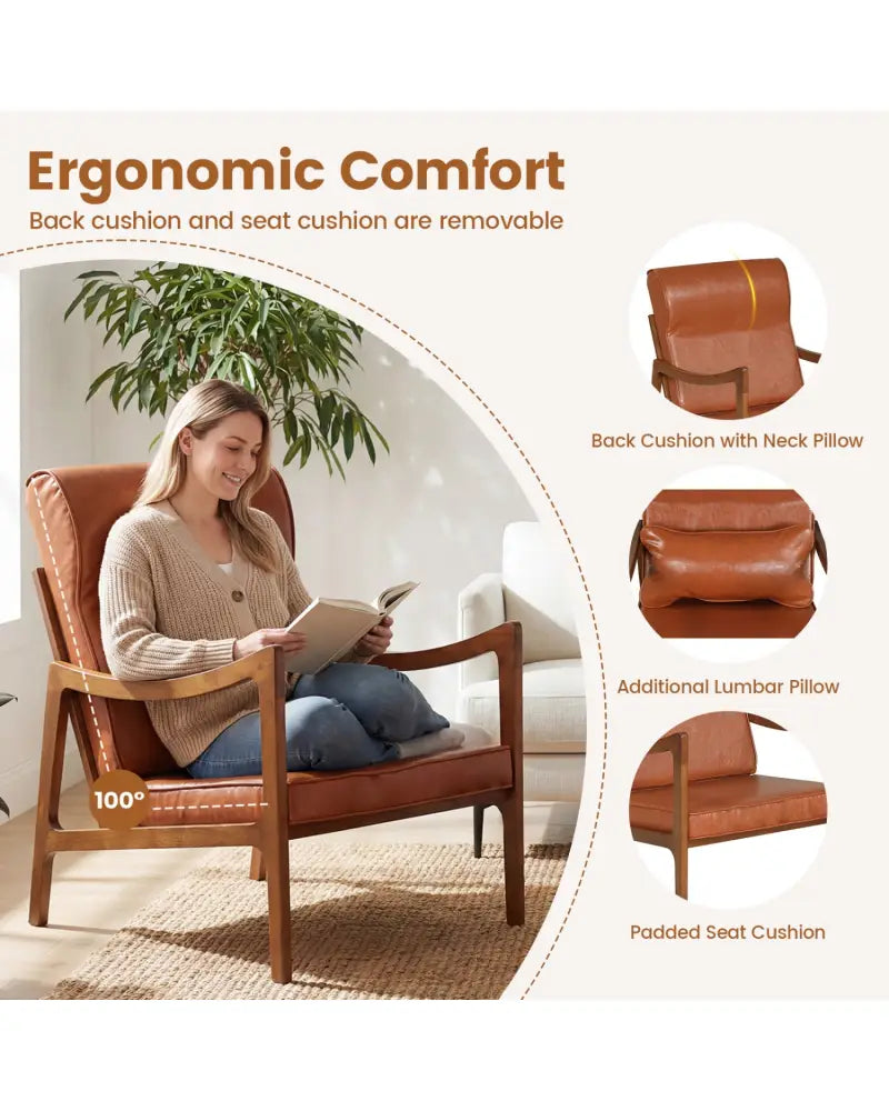 Modern Accent Chair with Solid Rubber Wood Faux Leather Upholstered Armchair-Brown - Brown - Accent Chairs