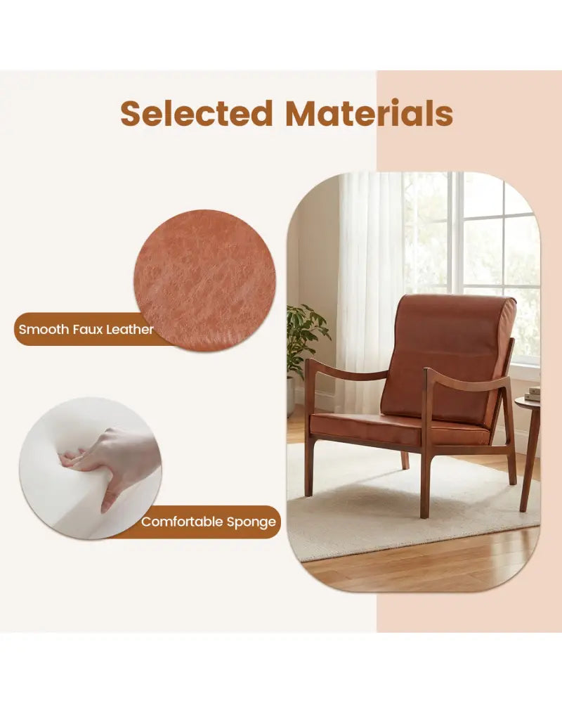 Modern Accent Chair with Solid Rubber Wood Faux Leather Upholstered Armchair-Brown - Brown - Accent Chairs