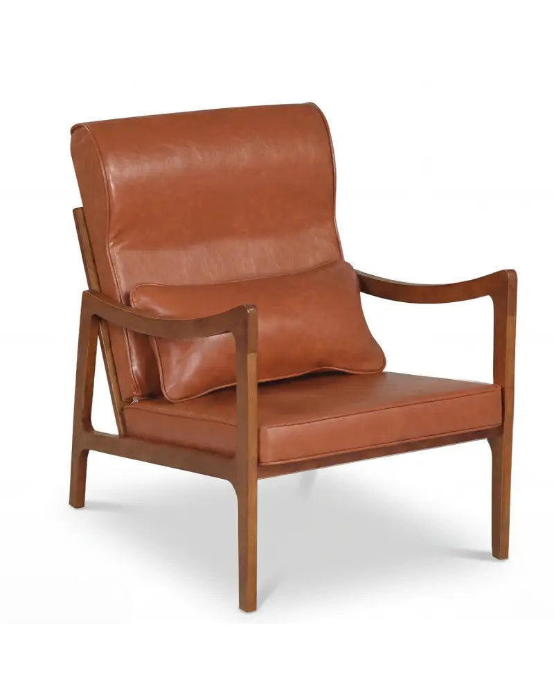 Modern Accent Chair with Solid Rubber Wood Faux Leather Upholstered Armchair-Brown - Brown - Accent Chairs