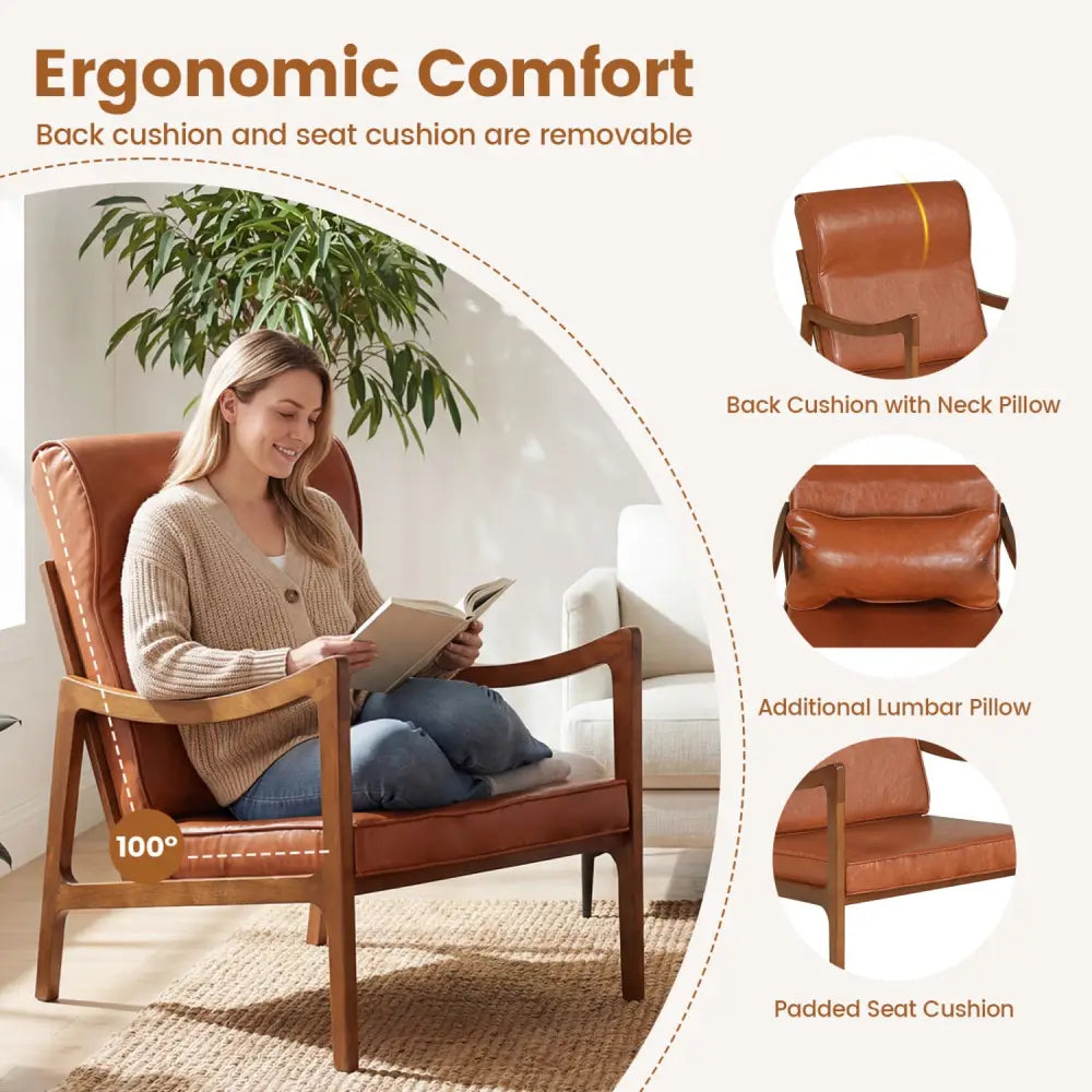 Modern Accent Chair with Solid Rubber Wood Faux Leather Upholstered Armchair-Brown - Brown - Accent Chairs