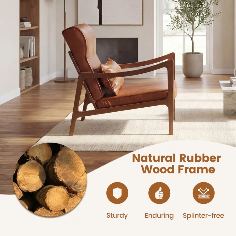 Modern Accent Chair with Solid Rubber Wood Faux Leather Upholstered Armchair-Brown - Brown - Accent Chairs