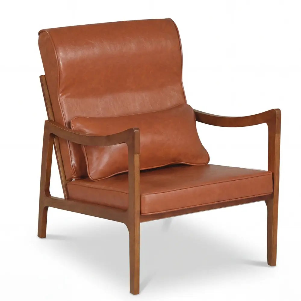 Modern Accent Chair with Solid Rubber Wood Faux Leather Upholstered Armchair-Brown - Brown - Accent Chairs