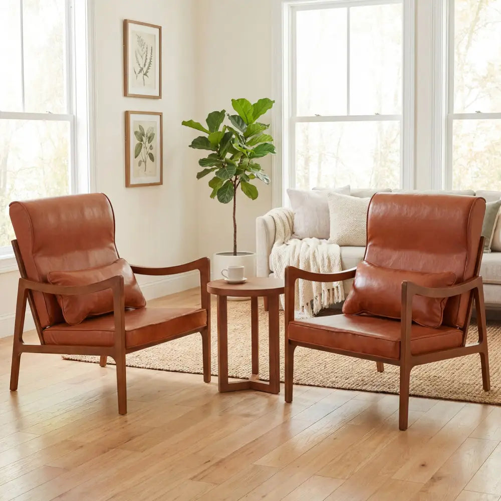 Modern Accent Chair with Solid Rubber Wood Faux Leather Upholstered Armchair-Brown - Brown - Accent Chairs