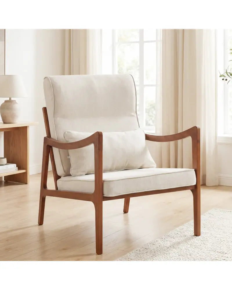 Modern Accent Chair with Solid Rubber Wood Faux Leather Upholstered Armchair-White - White - Accent Chairs