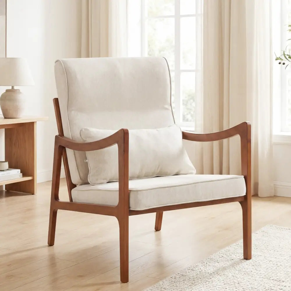 Modern Accent Chair with Solid Rubber Wood Faux Leather Upholstered Armchair-White - White - Accent Chairs