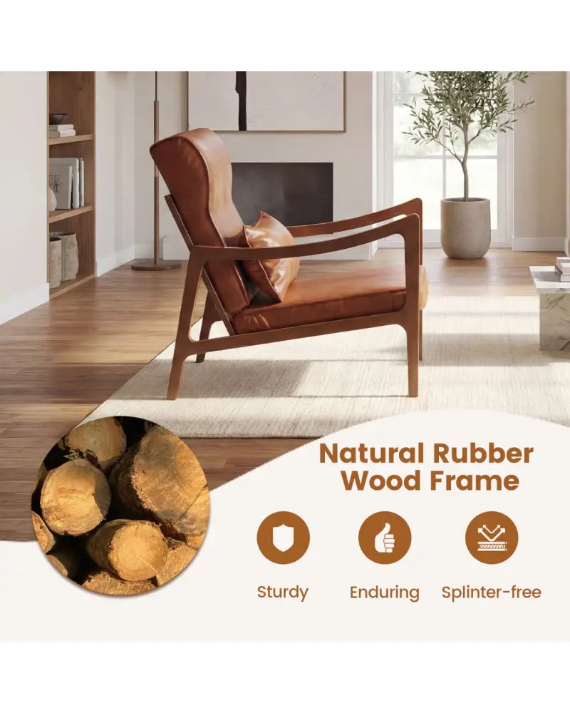 Modern Accent Chair with Solid Rubber Wood Faux Leather Upholstered Armchair-Brown - Brown - Accent Chairs