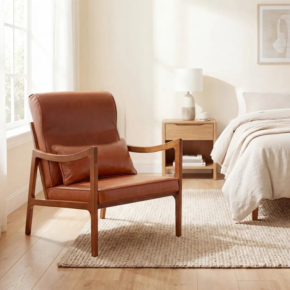 Modern Accent Chair with Solid Rubber Wood Faux Leather Upholstered Armchair-Brown - Brown - Accent Chairs
