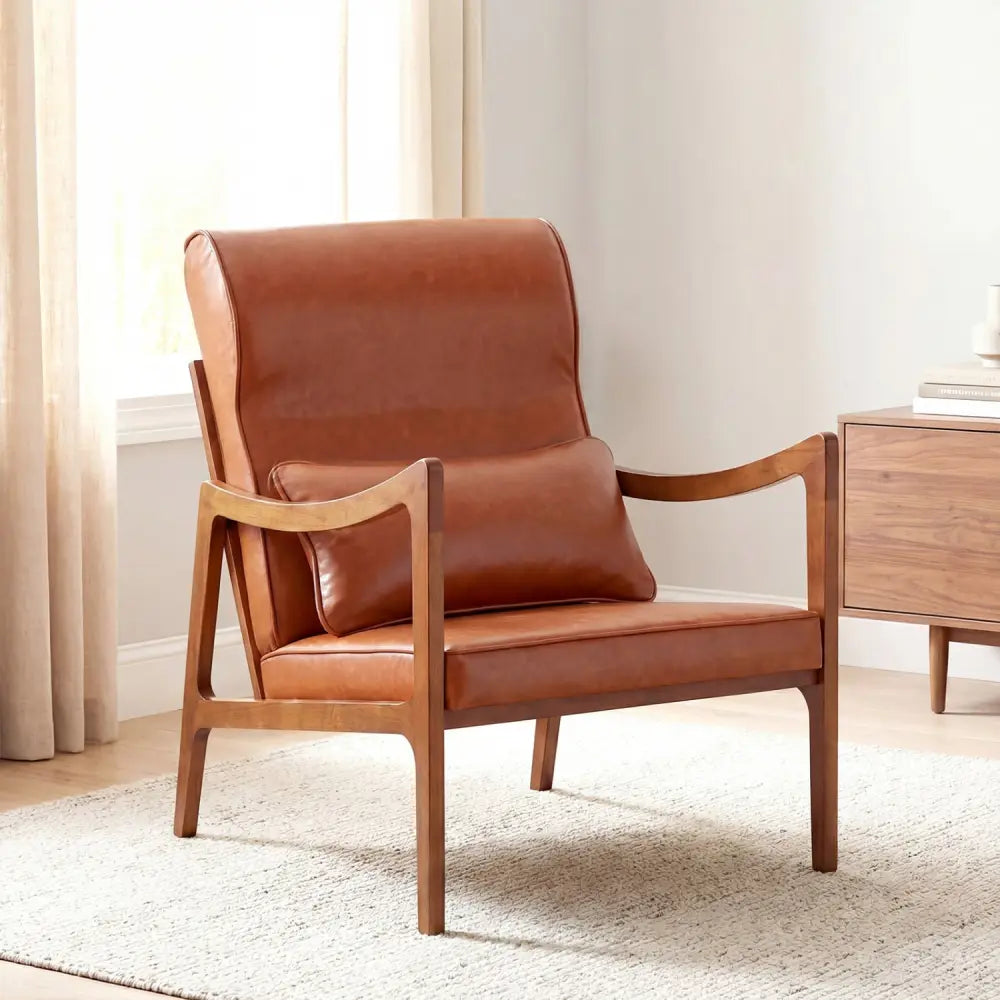 Modern Accent Chair with Solid Rubber Wood Faux Leather Upholstered Armchair-Brown - Brown - Accent Chairs