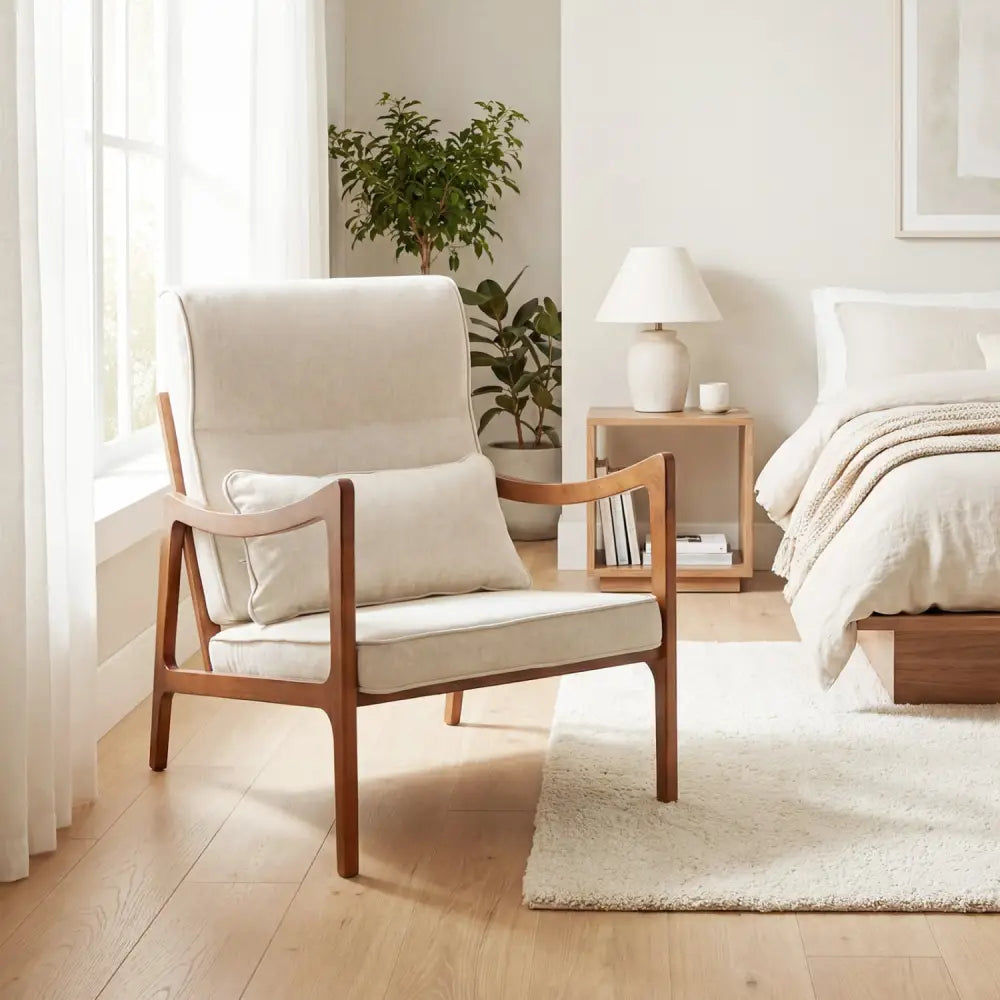 Modern Accent Chair with Solid Rubber Wood Faux Leather Upholstered Armchair-White - White - Accent Chairs