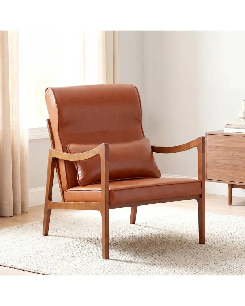 Modern Accent Chair with Solid Rubber Wood Faux Leather Upholstered Armchair-Brown - Brown - Accent Chairs