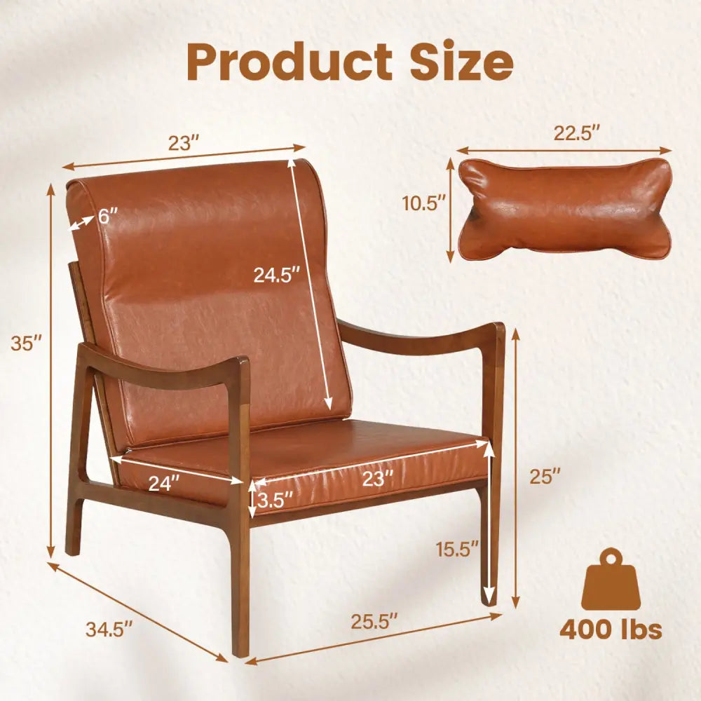 Modern Accent Chair with Solid Rubber Wood Faux Leather Upholstered Armchair-Brown - Brown - Accent Chairs