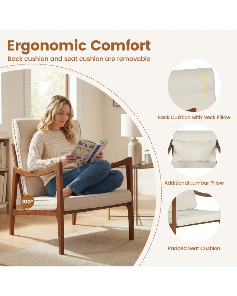 Modern Accent Chair with Solid Rubber Wood Faux Leather Upholstered Armchair-White - White - Accent Chairs