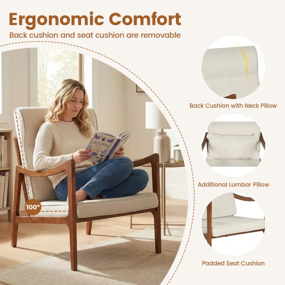 Modern Accent Chair with Solid Rubber Wood Faux Leather Upholstered Armchair-White - White - Accent Chairs
