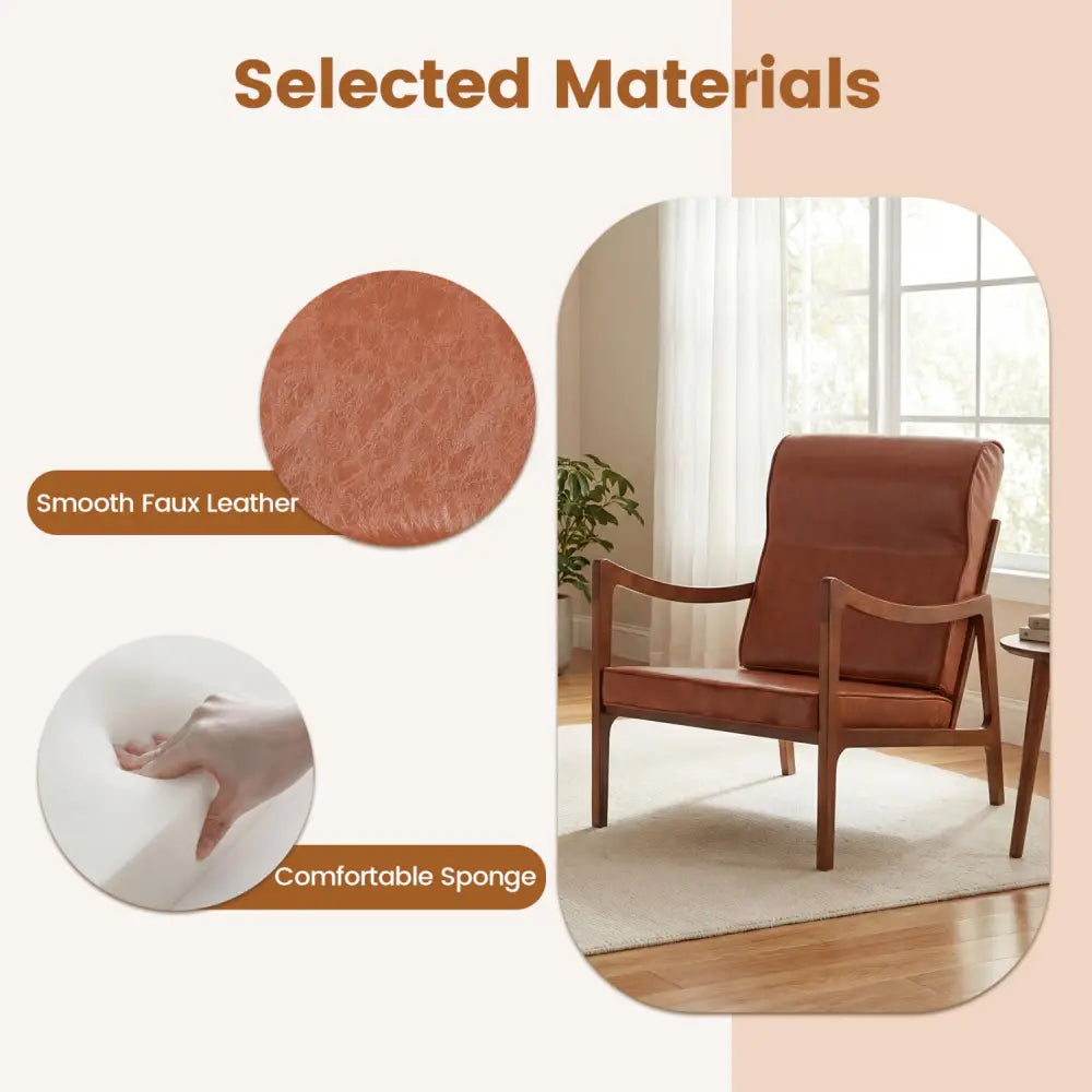 Modern Accent Chair with Solid Rubber Wood Faux Leather Upholstered Armchair-Brown - Brown - Accent Chairs
