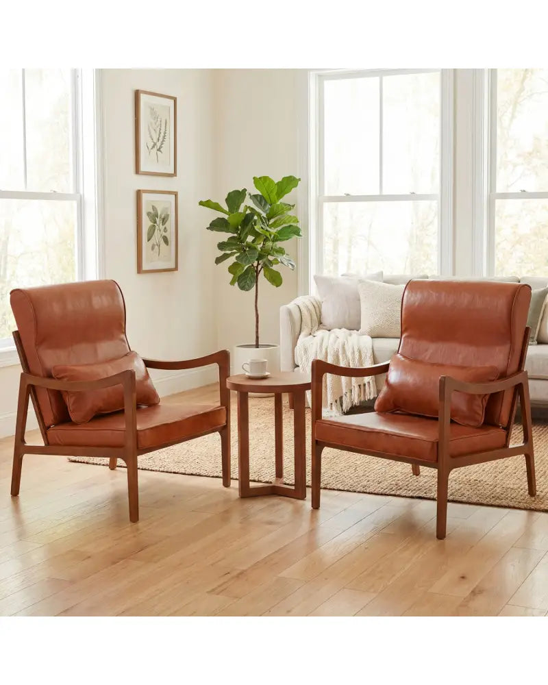 Modern Accent Chair with Solid Rubber Wood Faux Leather Upholstered Armchair-Brown - Brown - Accent Chairs
