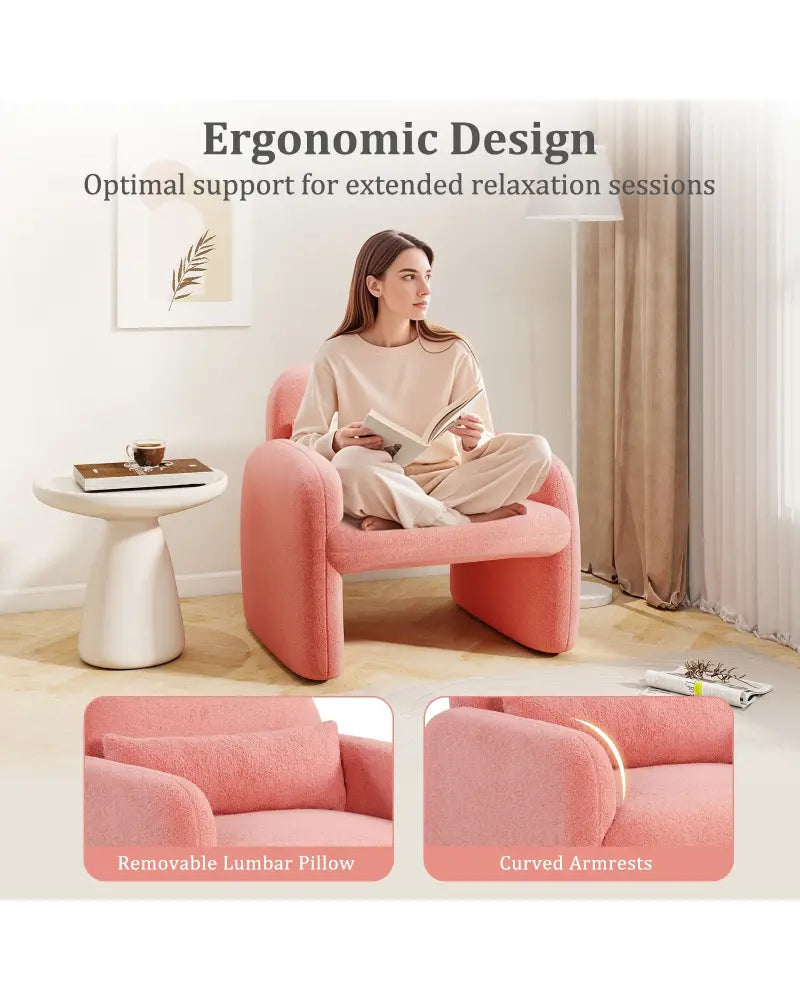 Modern Accent Chair with Waist Pillow and Armrests for Living Room Bedroom-Pink - Pink - Accent Chairs