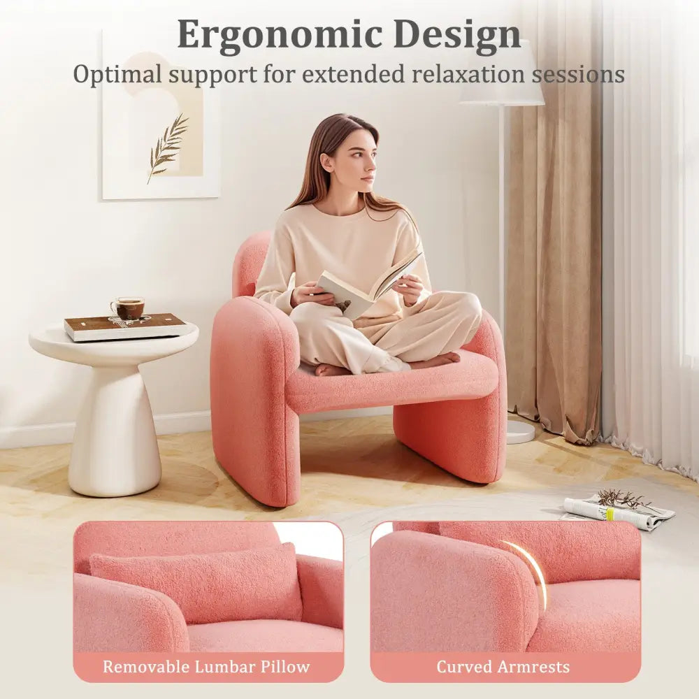 Modern Accent Chair with Waist Pillow and Armrests for Living Room Bedroom-Pink - Pink - Accent Chairs