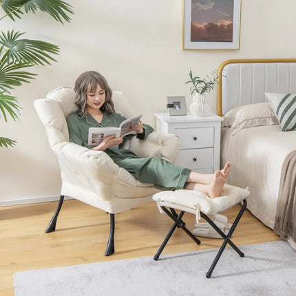 Modern Accent Sofa Chair with Folding Footrest and Side Pocket-Beige - Beige - Accent Chairs