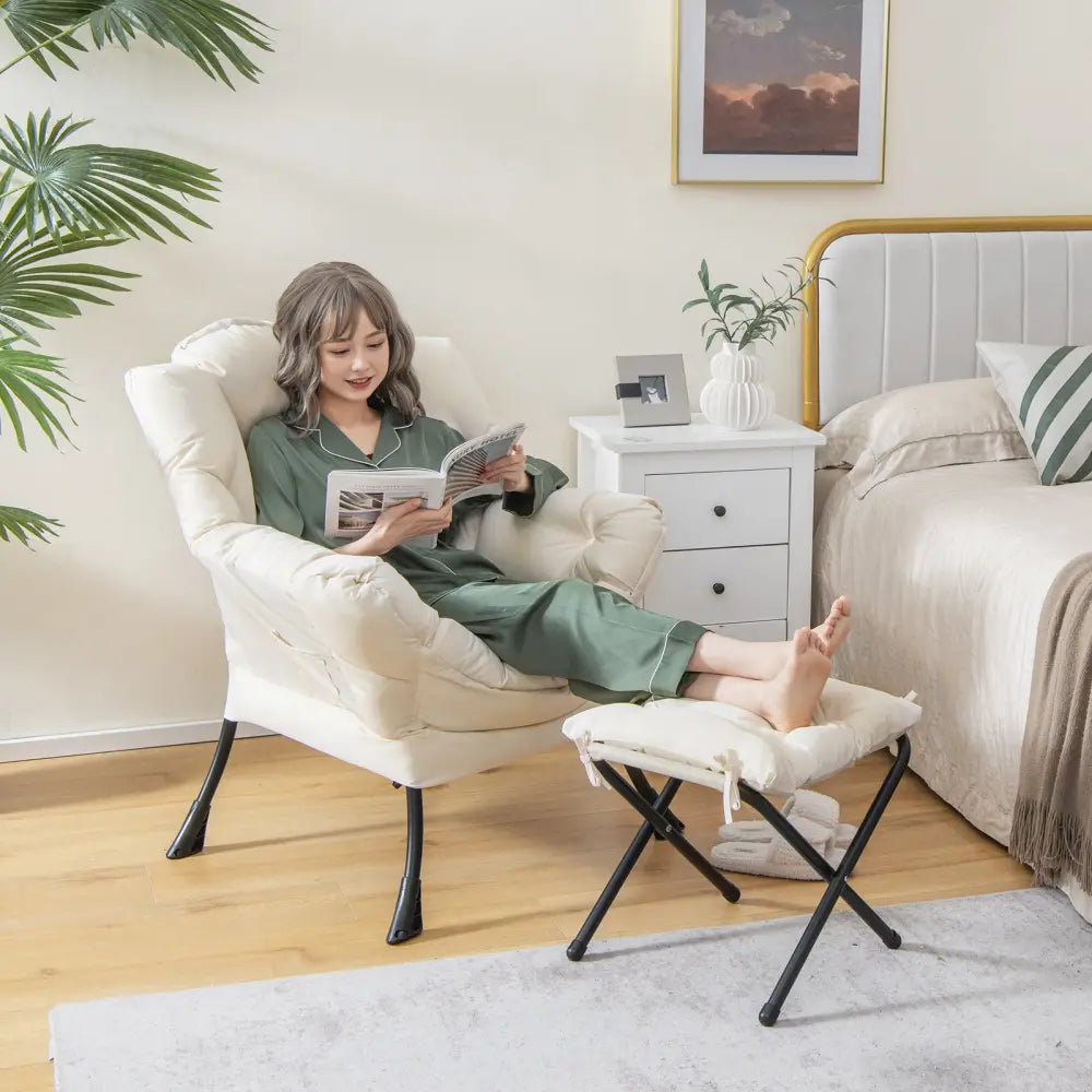 Modern Accent Sofa Chair with Folding Footrest and Side Pocket-Beige - Beige - Accent Chairs