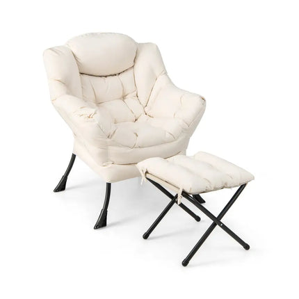 Modern Accent Sofa Chair with Folding Footrest and Side Pocket-Beige - Beige - Accent Chairs
