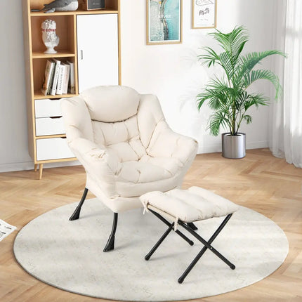 Modern Accent Sofa Chair with Folding Footrest and Side Pocket-Beige - Beige - Accent Chairs