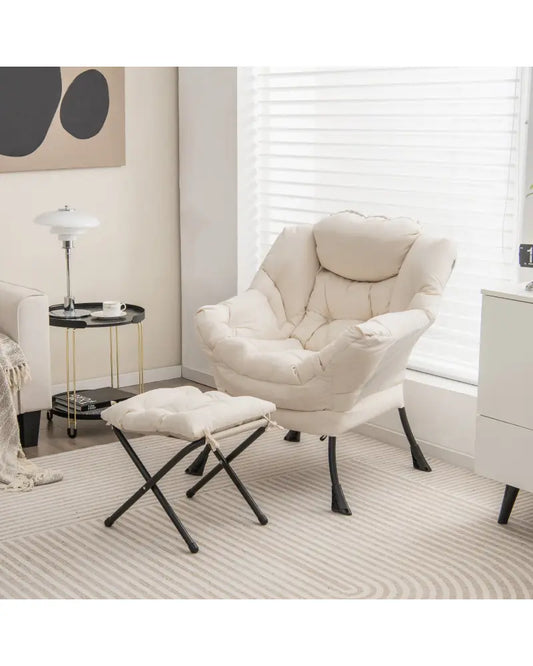 Modern Accent Sofa Chair with Folding Footrest and Side Pocket-Beige - Beige - Accent Chairs