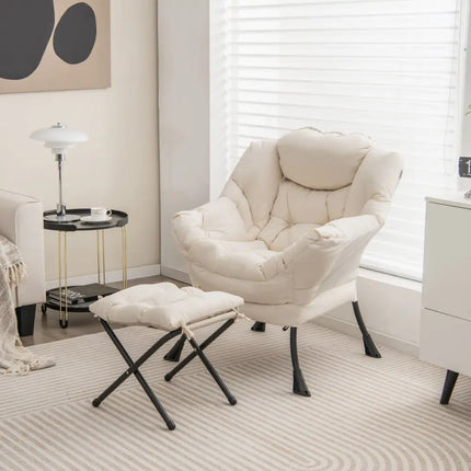 Modern Accent Sofa Chair with Folding Footrest and Side Pocket-Beige - Beige - Accent Chairs