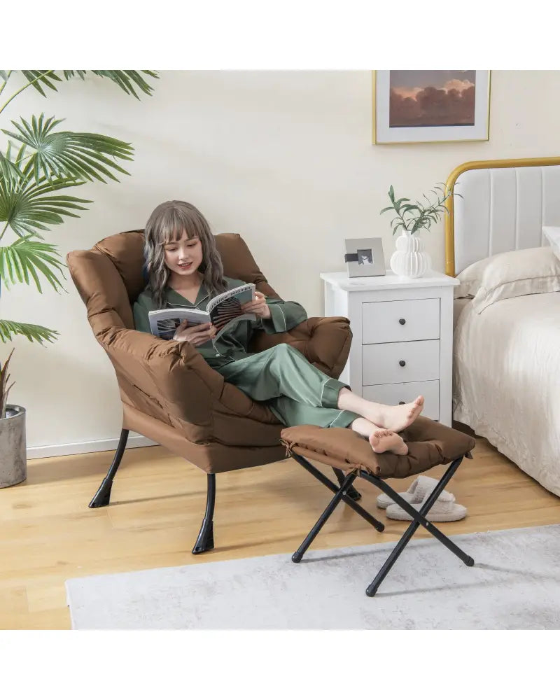 Modern Accent Sofa Chair with Folding Footrest and Side Pocket-Brown - Brown - Accent Chairs