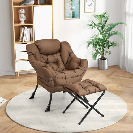 Modern Accent Sofa Chair with Folding Footrest and Side Pocket-Brown - Brown - Accent Chairs