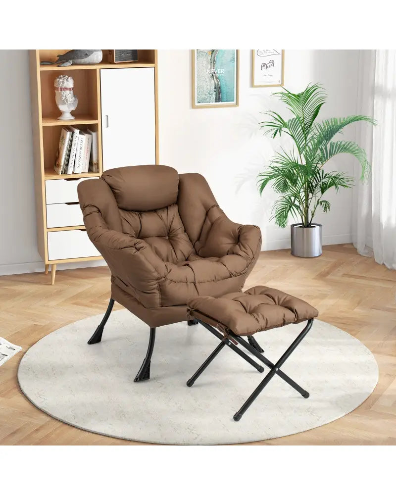 Modern Accent Sofa Chair with Folding Footrest and Side Pocket-Brown - Brown - Accent Chairs