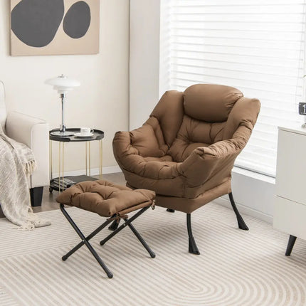 Modern Accent Sofa Chair with Folding Footrest and Side Pocket-Brown - Brown - Accent Chairs