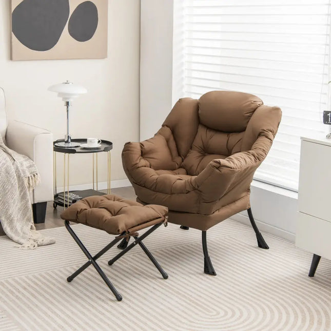 Modern Accent Sofa Chair with Folding Footrest and Side Pocket-Brown - Brown - Accent Chairs