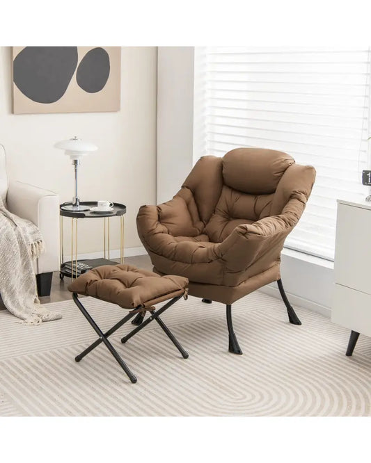 Modern Accent Sofa Chair with Folding Footrest and Side Pocket-Brown - Brown - Accent Chairs