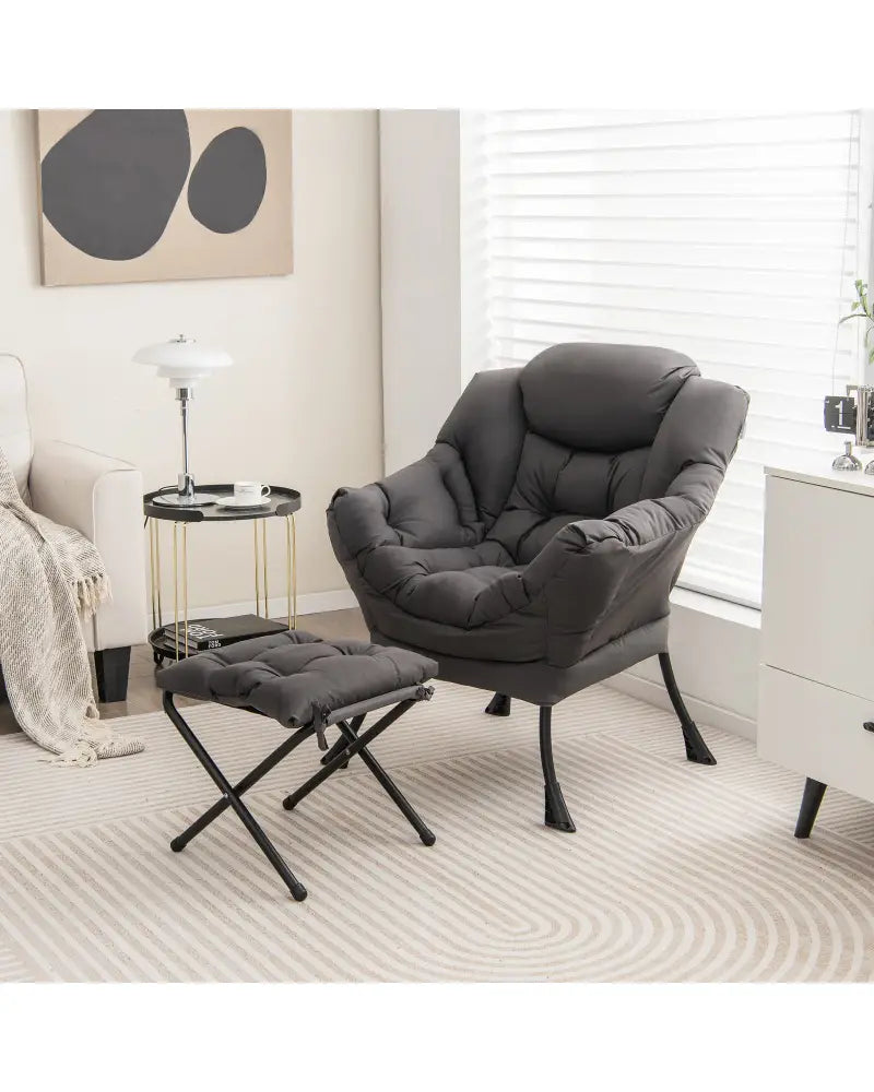 Modern Accent Sofa Chair with Folding Footrest and Side Pocket-Gray - Gray - Accent Chairs
