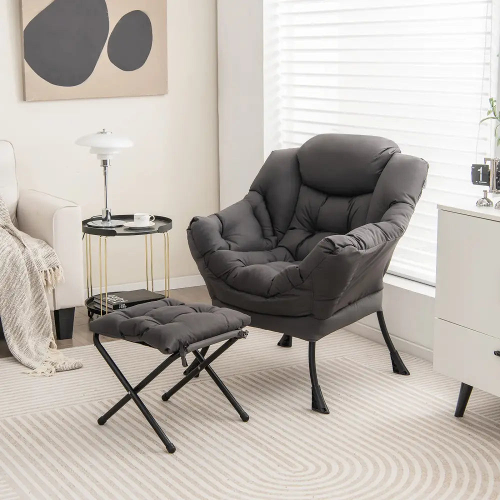 Modern Accent Sofa Chair with Folding Footrest and Side Pocket-Gray - Gray - Accent Chairs