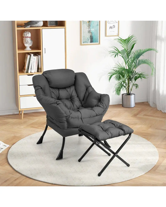 Modern Accent Sofa Chair with Folding Footrest and Side Pocket-Gray - Gray - Accent Chairs