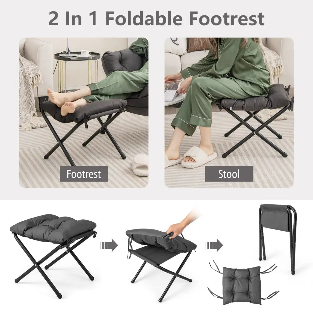 Modern Accent Sofa Chair with Folding Footrest and Side Pocket-Gray - Gray - Accent Chairs