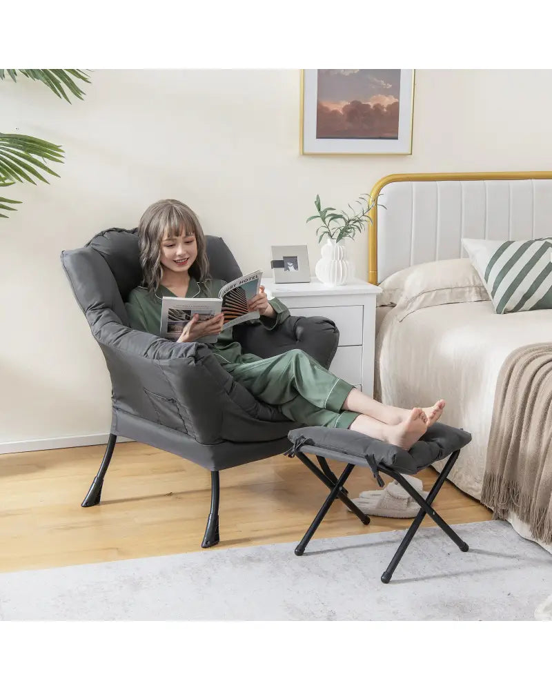 Modern Accent Sofa Chair with Folding Footrest and Side Pocket-Gray - Gray - Accent Chairs