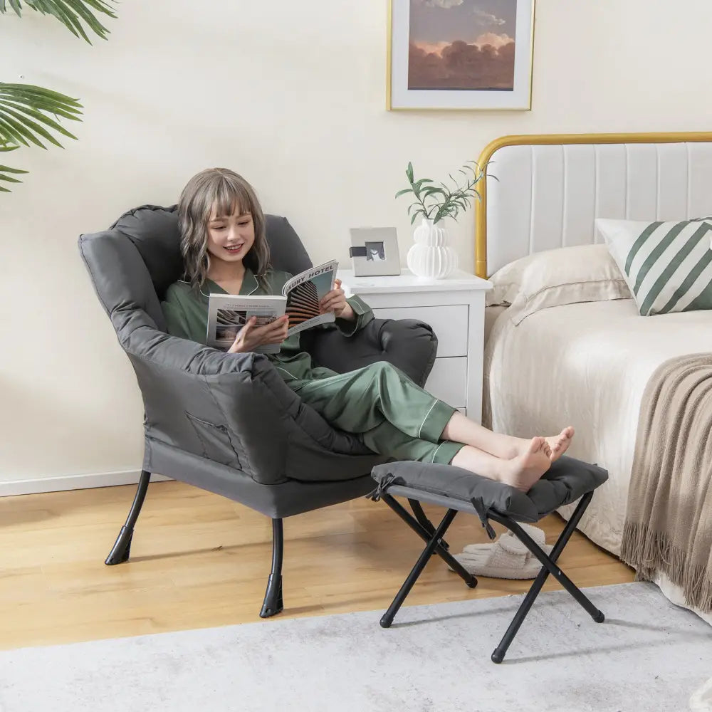 Modern Accent Sofa Chair with Folding Footrest and Side Pocket-Gray - Gray - Accent Chairs