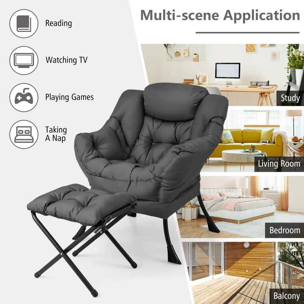 Modern Accent Sofa Chair with Folding Footrest and Side Pocket-Gray - Gray - Accent Chairs
