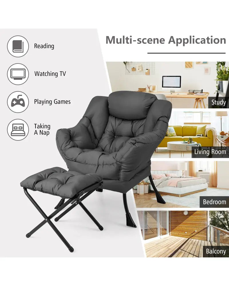 Modern Accent Sofa Chair with Folding Footrest and Side Pocket-Gray - Gray - Accent Chairs