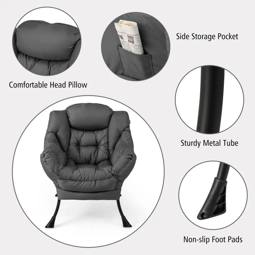 Modern Accent Sofa Chair with Folding Footrest and Side Pocket-Gray - Gray - Accent Chairs