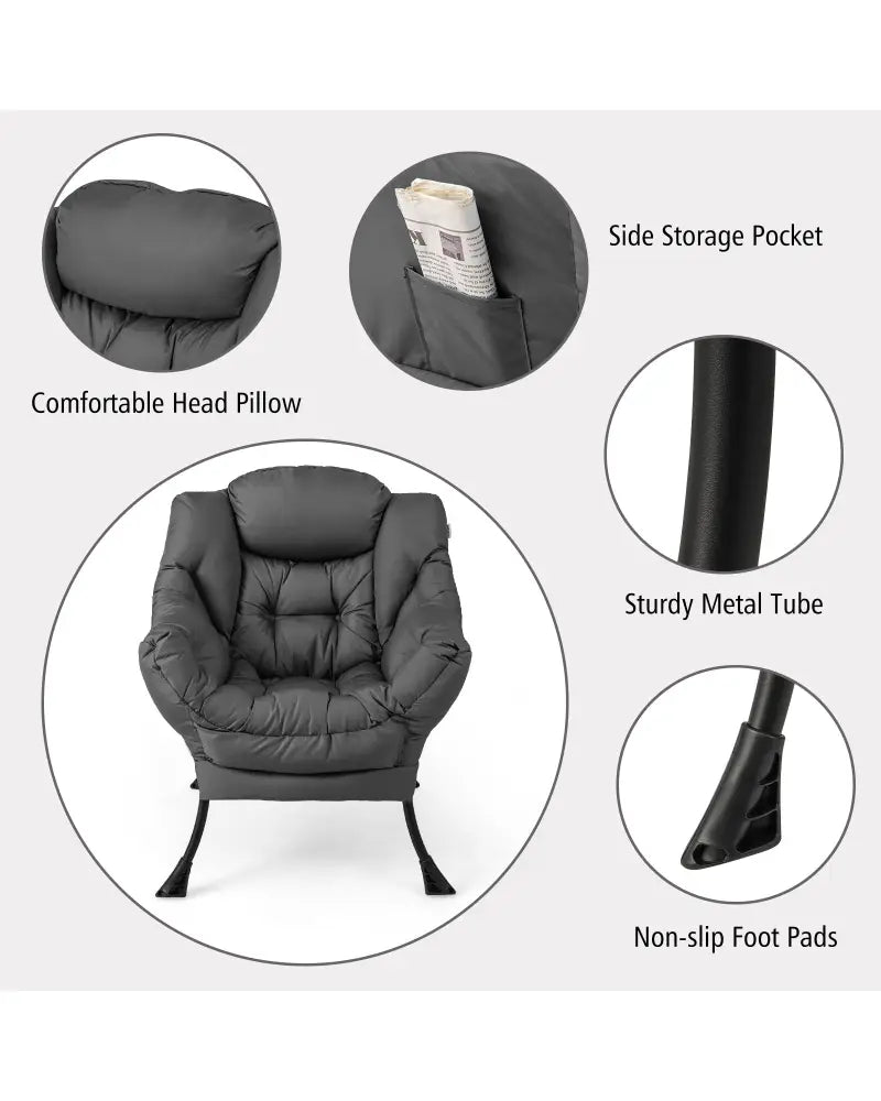 Modern Accent Sofa Chair with Folding Footrest and Side Pocket-Gray - Gray - Accent Chairs