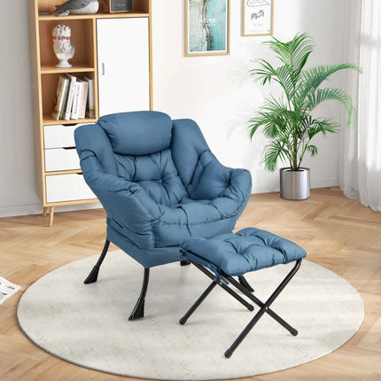 Modern Accent Sofa Chair with Folding Footrest and Side Pocket-Navy - Navy - Accent Chairs
