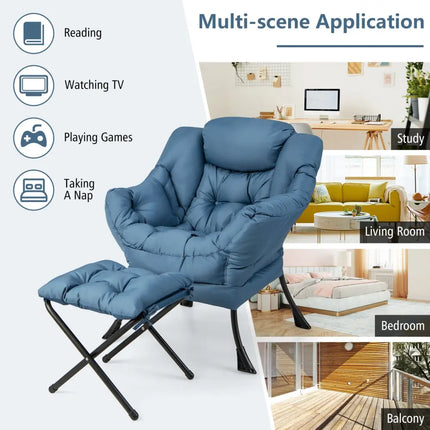 Modern Accent Sofa Chair with Folding Footrest and Side Pocket-Navy - Navy - Accent Chairs