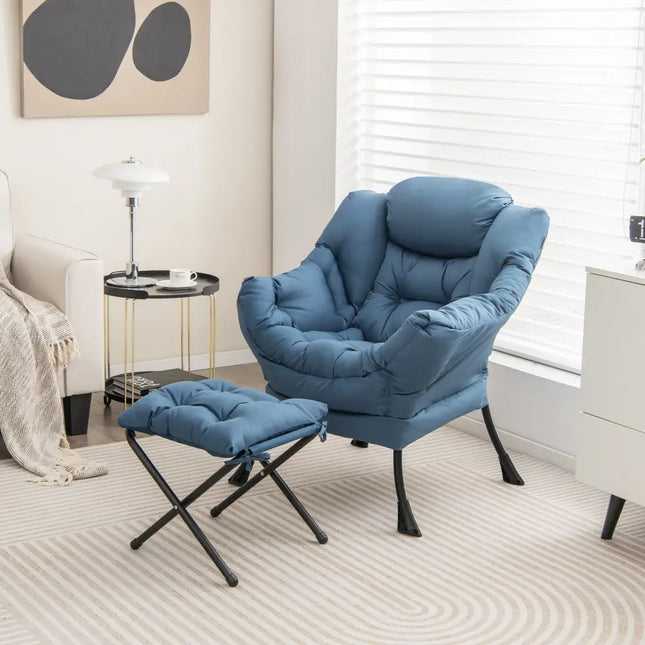 Modern Accent Sofa Chair with Folding Footrest and Side Pocket-Navy - Navy - Accent Chairs