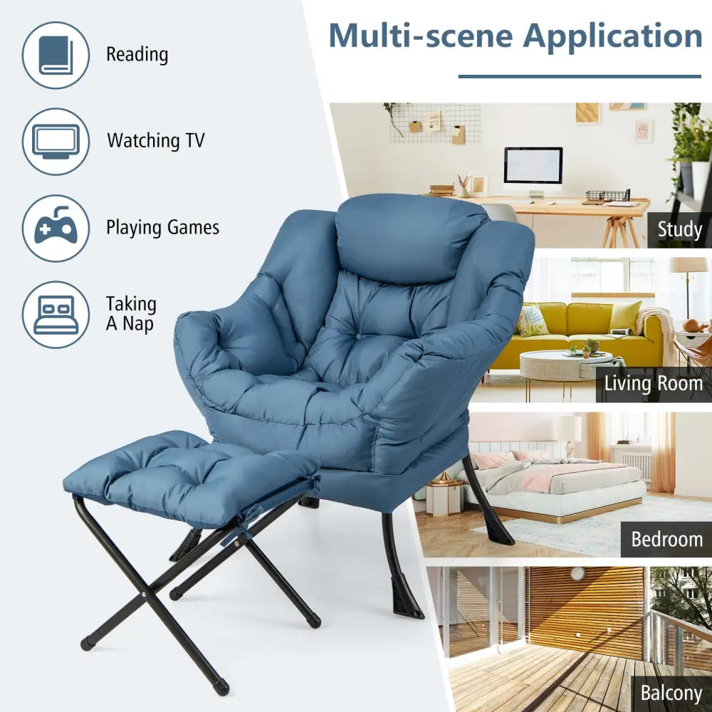 Modern Accent Sofa Chair with Folding Footrest and Side Pocket-Navy - Navy - Accent Chairs